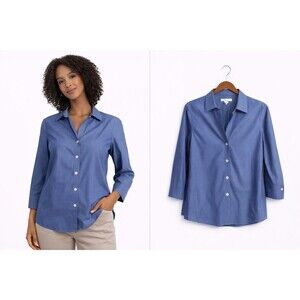 Foxcroft Non-Iron Button Up Shirt Size 14 Chambray Denim Color 3/4 Sleeve